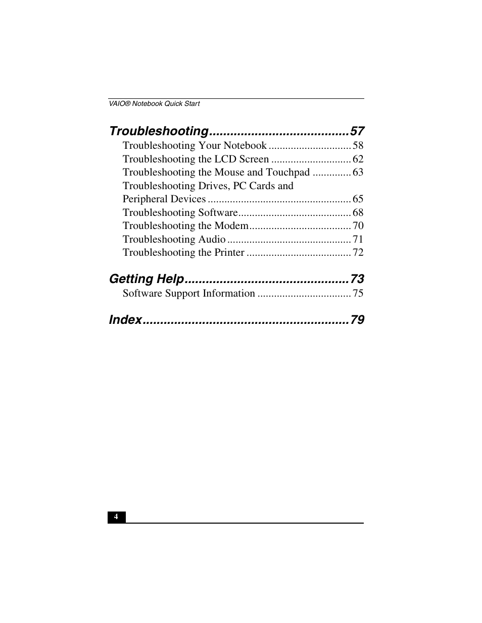 Troubleshooting, Getting help, Index | Sony PCG-GR290 User Manual | Page 4 / 84