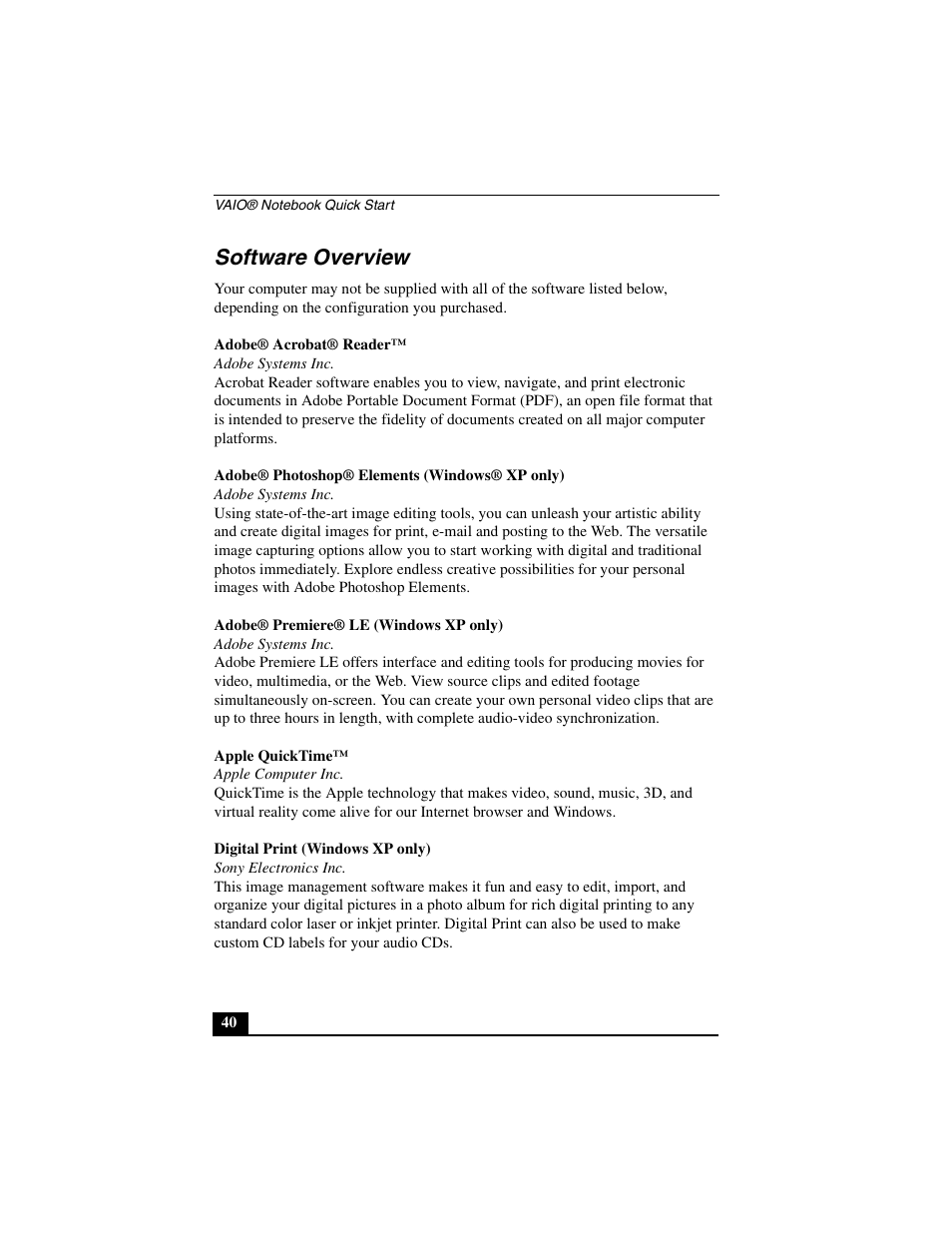 Software overview | Sony PCG-GR290 User Manual | Page 40 / 84