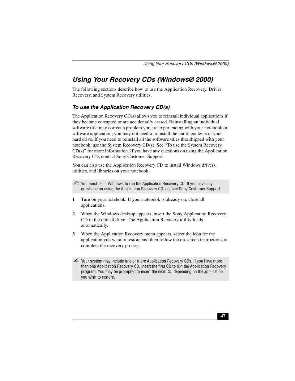 Using your recovery cds (windows® 2000) | Sony PCG-GR290 User Manual | Page 47 / 84