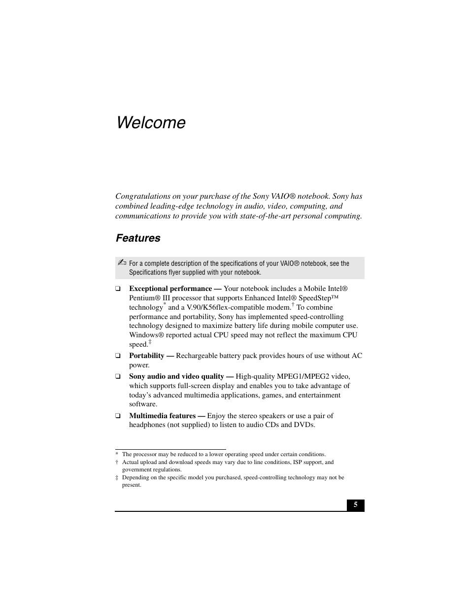 Welcome, Features | Sony PCG-GR290 User Manual | Page 5 / 84