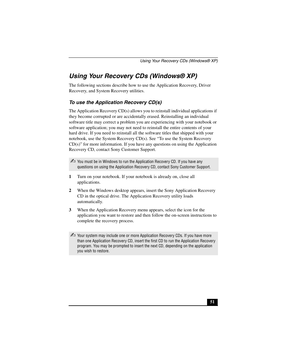 Using your recovery cds (windows® xp), Us ing your recovery cds (windows® xp) | Sony PCG-GR290 User Manual | Page 51 / 84