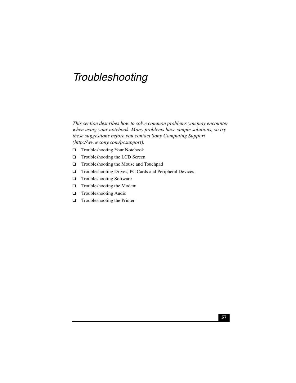 Troubleshooting | Sony PCG-GR290 User Manual | Page 57 / 84