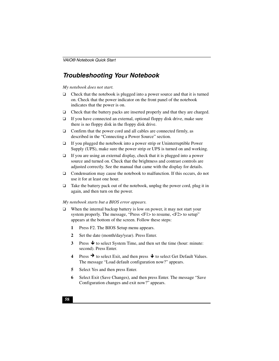 Troubleshooting your notebook | Sony PCG-GR290 User Manual | Page 58 / 84