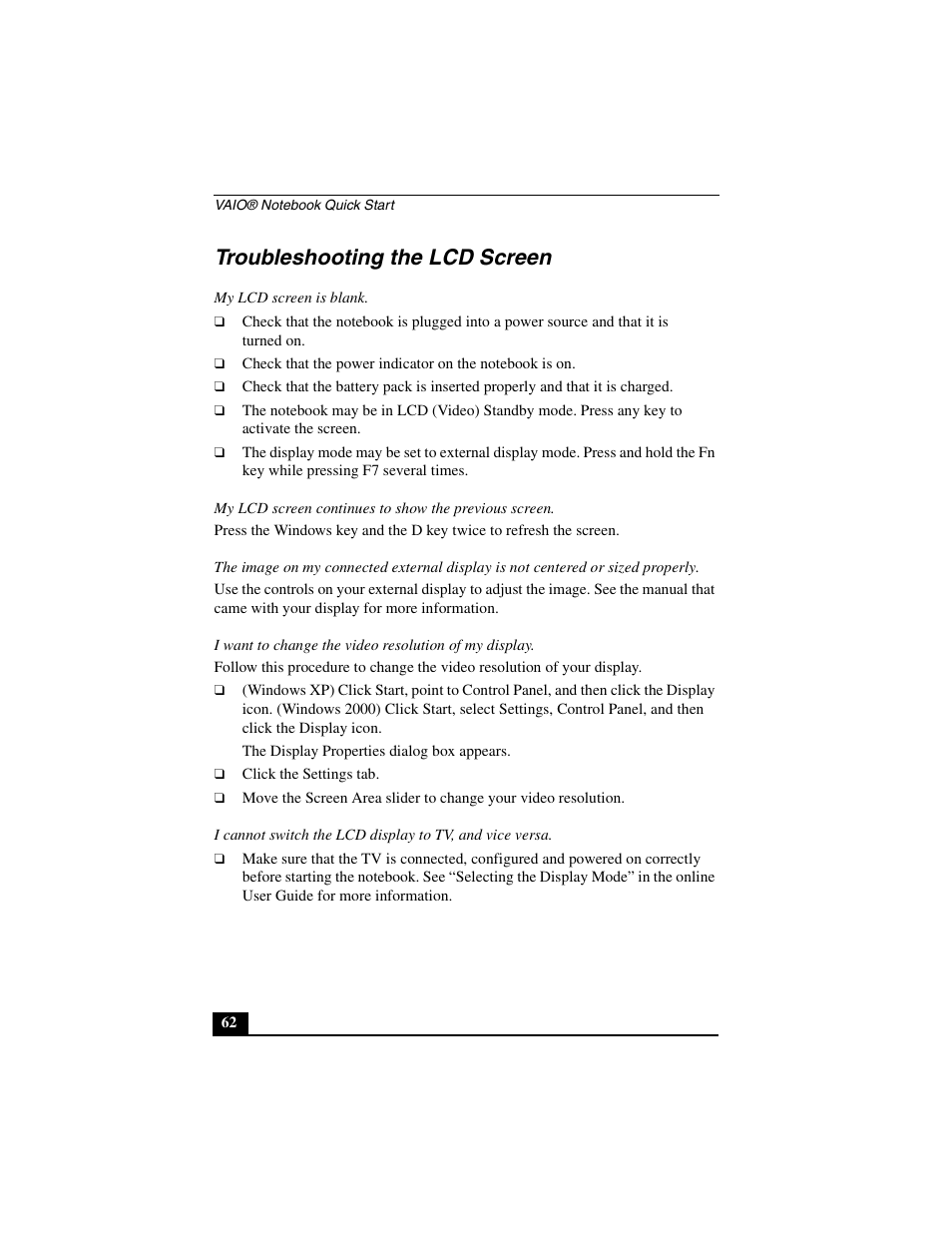 Troubleshooting the lcd screen | Sony PCG-GR290 User Manual | Page 62 / 84