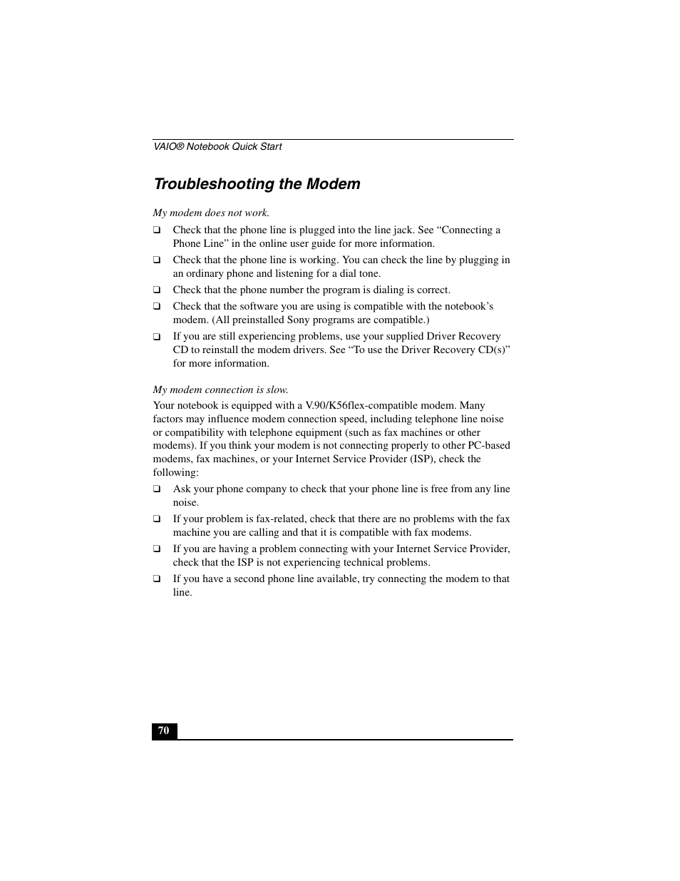 Troubleshooting the modem | Sony PCG-GR290 User Manual | Page 70 / 84