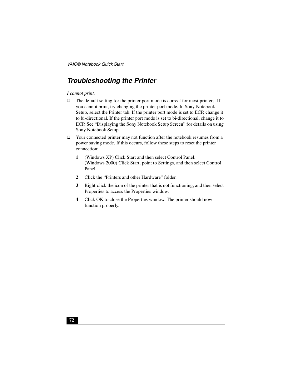 Troubleshooting the printer | Sony PCG-GR290 User Manual | Page 72 / 84