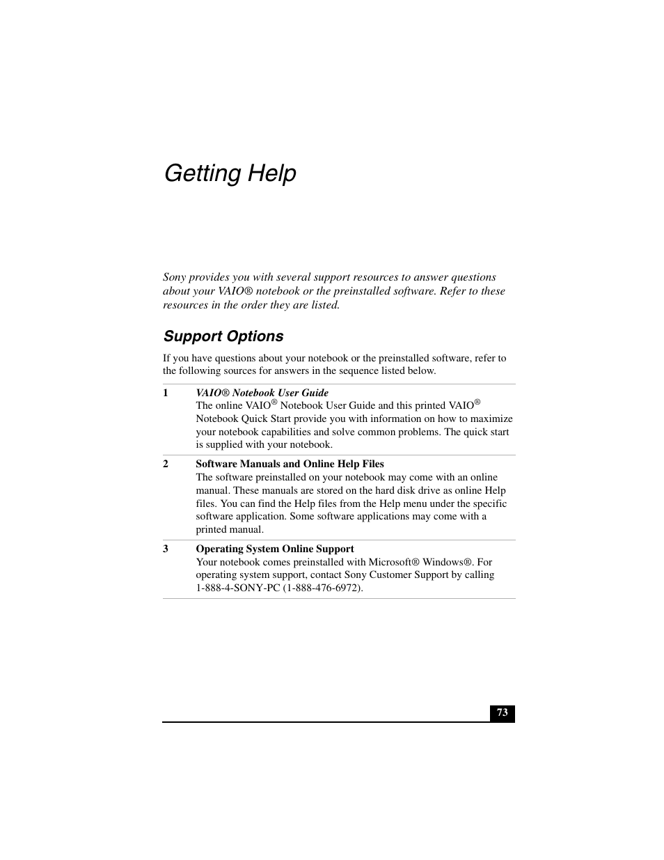 Getting help, Support options | Sony PCG-GR290 User Manual | Page 73 / 84