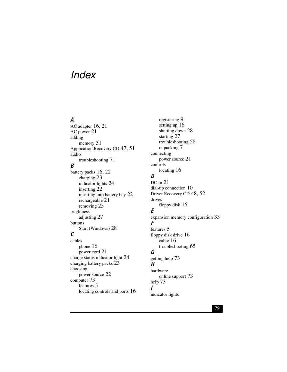 Index | Sony PCG-GR290 User Manual | Page 79 / 84