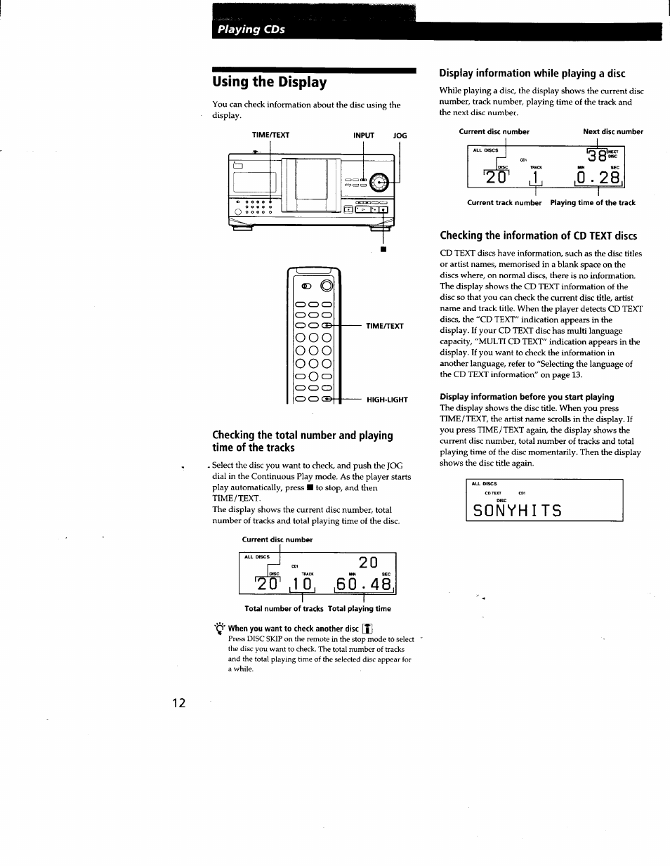 Using the display, Display information while playing a disc, Checking the information of cd text discs | Display information before you start playing | Sony CDP-CX240 User Manual | Page 12 / 32