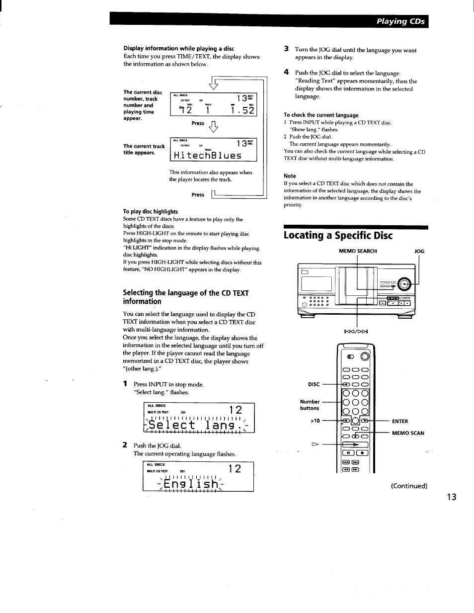Display information while playing a disc, To play disc highlights, Selecting the language of the cd text information | Select lang, English, To check the current language, Note, Locating a specific disc | Sony CDP-CX240 User Manual | Page 13 / 32