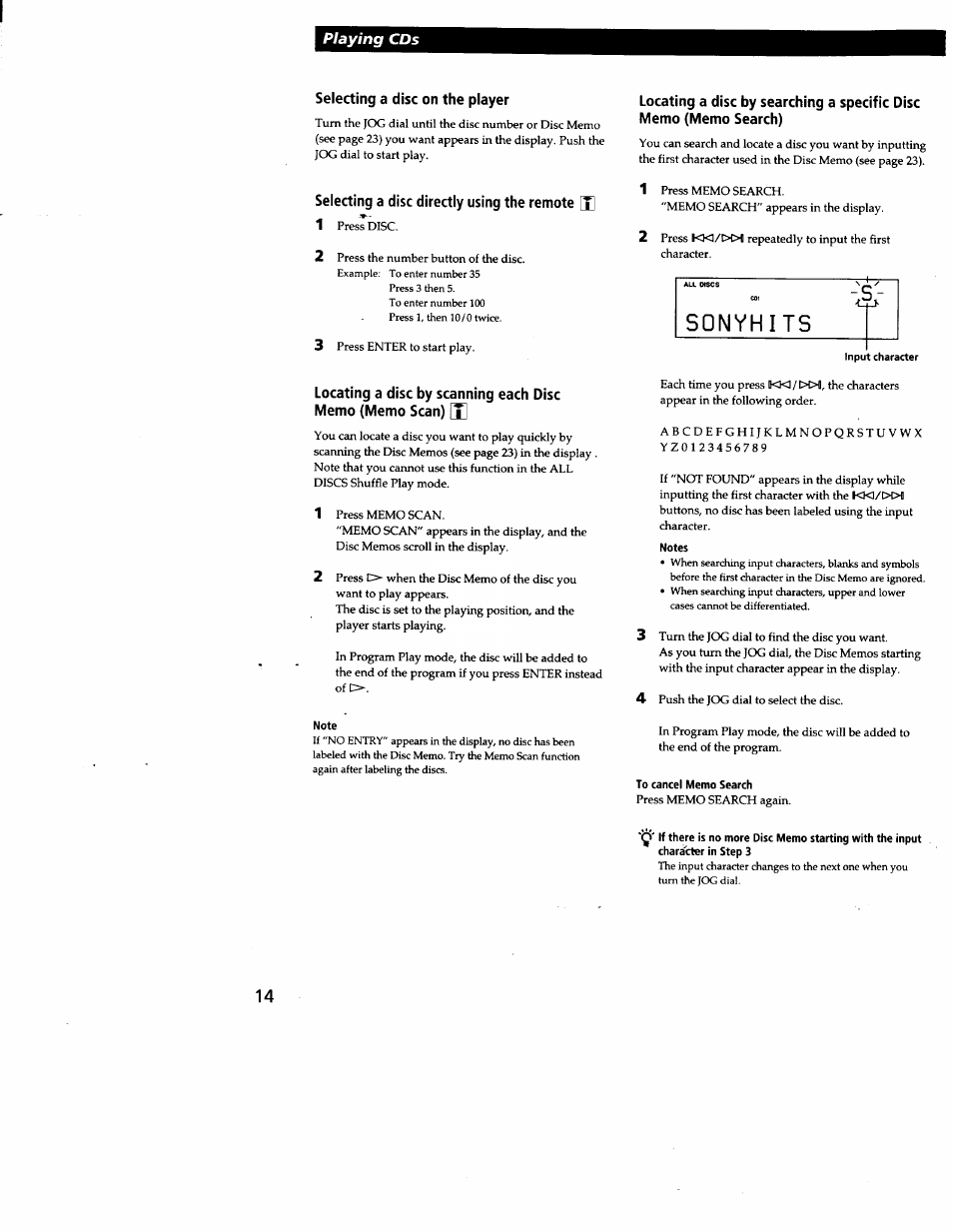 Selecting a disc on the player, Selecting a disc directly using the remote [1, Note | Notes, To cancel memo search | Sony CDP-CX240 User Manual | Page 14 / 32