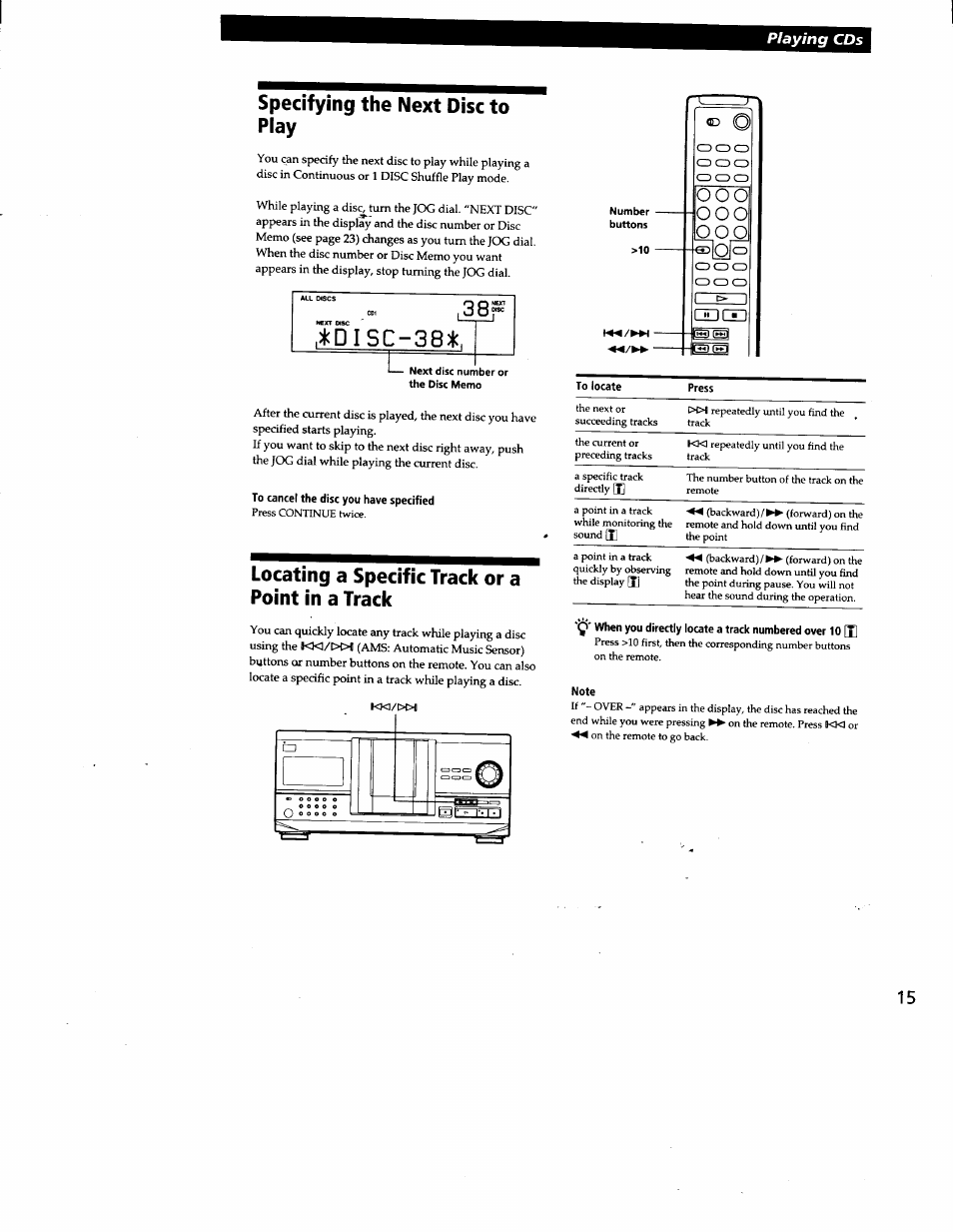 Specifying the next disc to play, Cdisc-38)|c, To cancel the disc you have specified | Locating a specific track or a point in a track, Note | Sony CDP-CX240 User Manual | Page 15 / 32