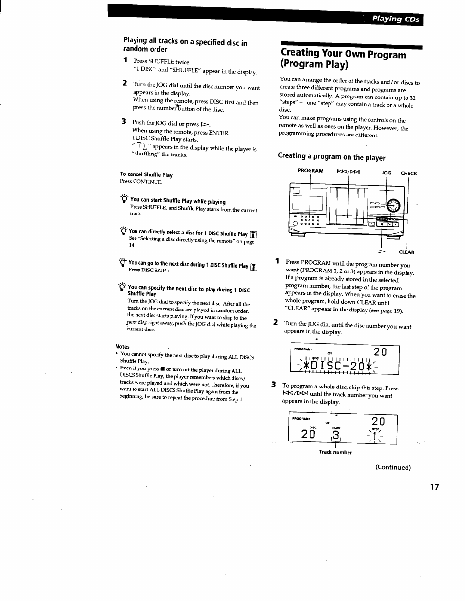 To cancel shuffle play, Q' you can start shuffle play while playing, Creating your own program (program play) | Creating a program on the player, Notes, Disc-20 | Sony CDP-CX240 User Manual | Page 17 / 32
