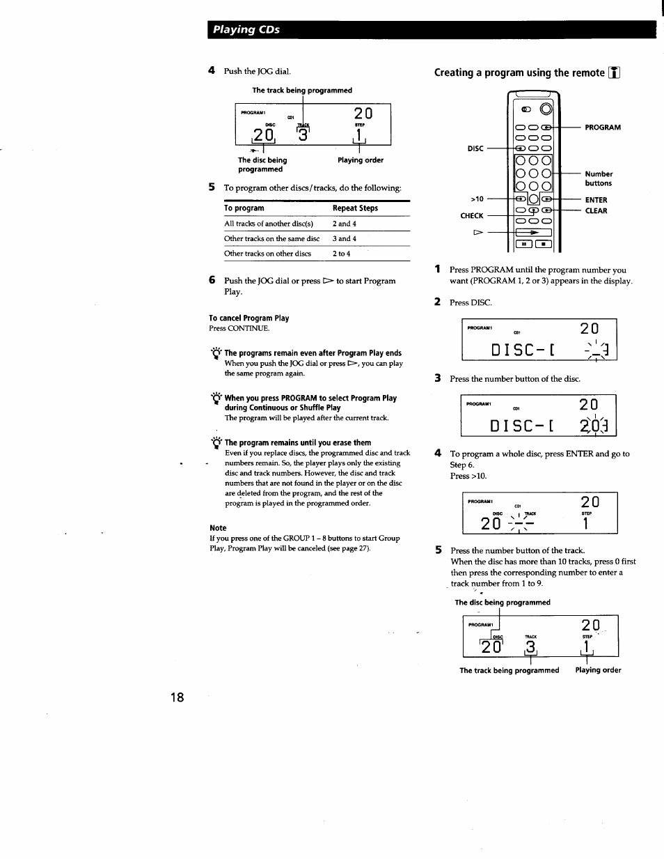 To cancel program play, Q* the program remains until you erase them, Note | Creating a program using the remote [tl, O o o | Sony CDP-CX240 User Manual | Page 18 / 32