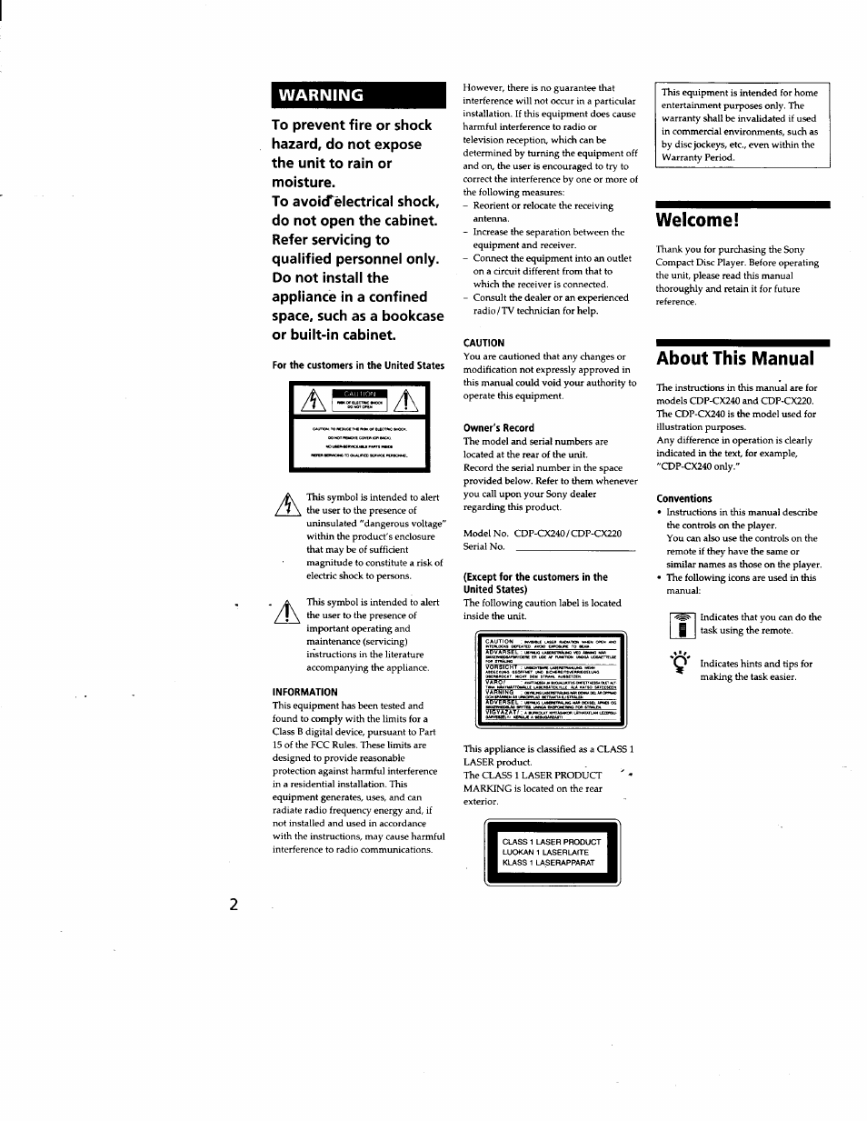 Warning, For the customers in the united states, Information | Caution, Owner's record, Except for the customers in the united states), Welcome, About this manual, Conventions | Sony CDP-CX240 User Manual | Page 2 / 32