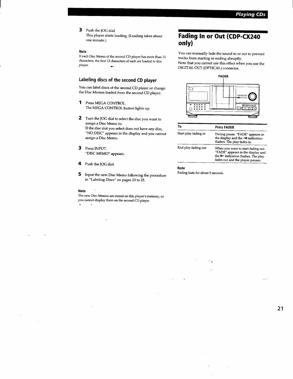 Note, Labeling discs of the second cd player, Fading in or out (cdp-cx240 only) | Sony CDP-CX240 User Manual | Page 21 / 32