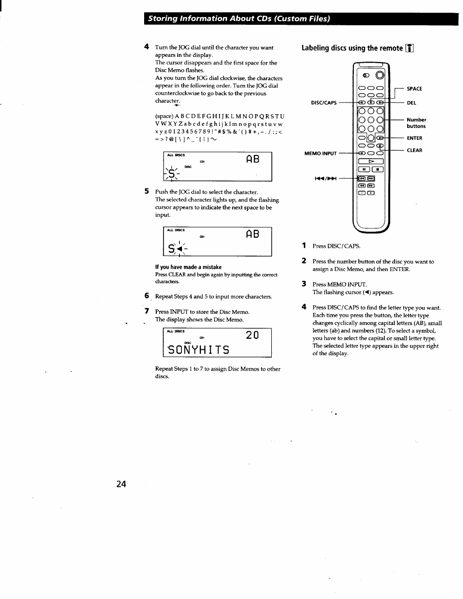 If you have made a mistake, Sonyhits, Labeling discs using the remote [x | Sony CDP-CX240 User Manual | Page 24 / 32