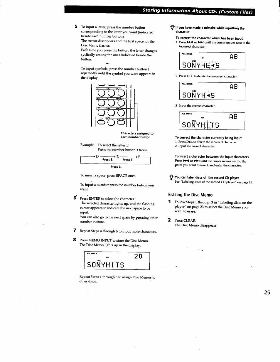 To insert a character between the input characters, Q' you can label discs of the second cd player, Erasing the disc memo | Sonyhits, Sonyhevs pb, Sonyhvs pb, S0nyhi3’s | Sony CDP-CX240 User Manual | Page 25 / 32