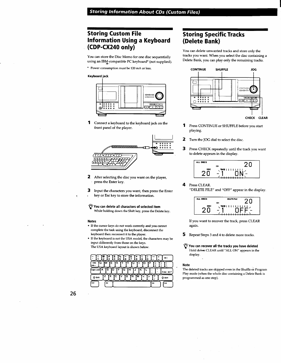 Storing specific tracks (delete bank), You can delete all characters of selected item, Notes | You can recover all the tracks you have deleted, Note, 1 o n, 2 0 - 1 off, Q q[ thfl | Sony CDP-CX240 User Manual | Page 26 / 32