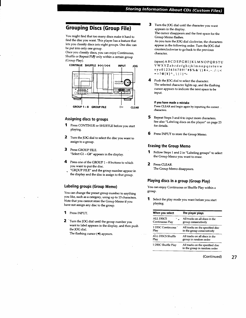 Grouping discs (group file), If you have made a mistake, Assigning discs to groups | Labeling groups (group memo), Erasing the group memo, Playing discs in a group (group play) | Sony CDP-CX240 User Manual | Page 27 / 32