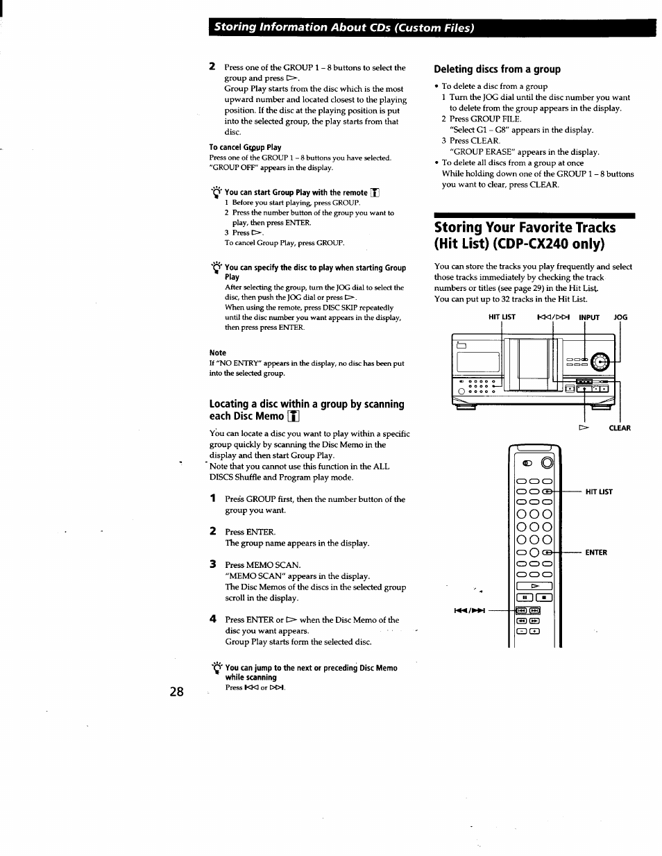 Deleting discs from a group, Storing information about cds (custom files) | Sony CDP-CX240 User Manual | Page 28 / 32