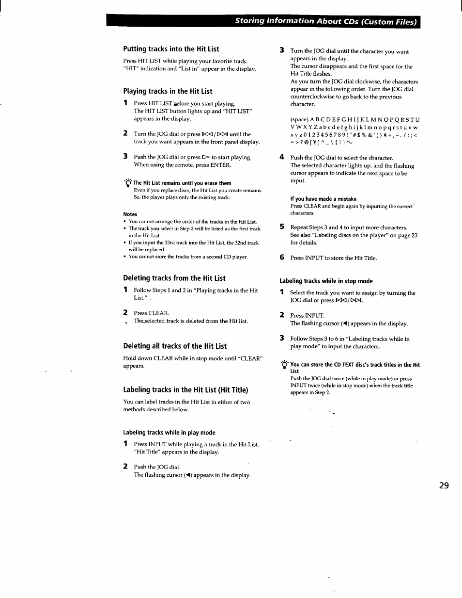 Putting tracks into the hit list, Playing tracks in the hit list, Deleting tracks from the hit list | Deleting all tracks of the hit list, Labeling tracks in the hit list (hit title) | Sony CDP-CX240 User Manual | Page 29 / 32