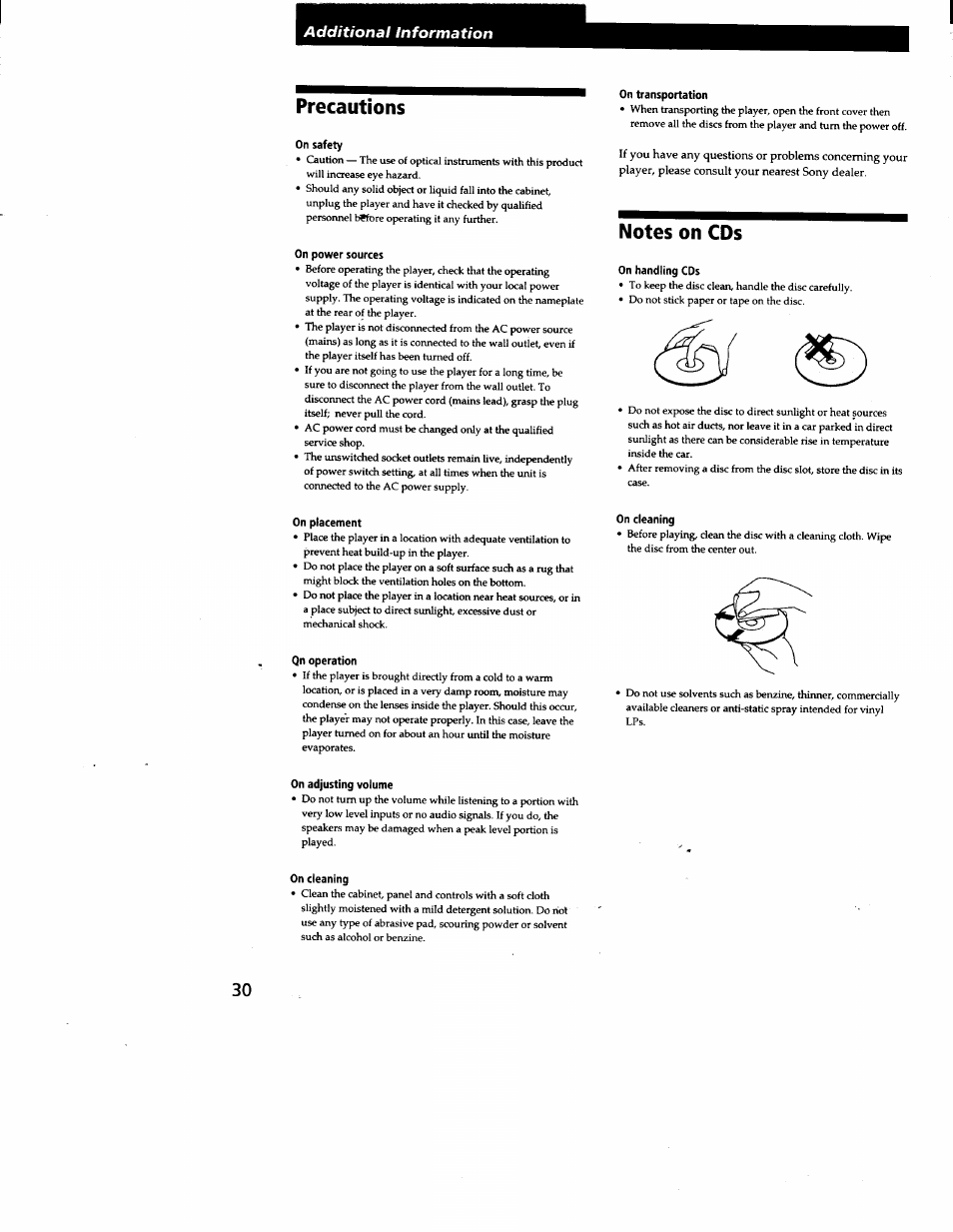 Precautions, On safety, On power sources | On transportation, Notes on cds, On handling cds, On placement, Qn operation, On cleaning, On adjusting volume | Sony CDP-CX240 User Manual | Page 30 / 32