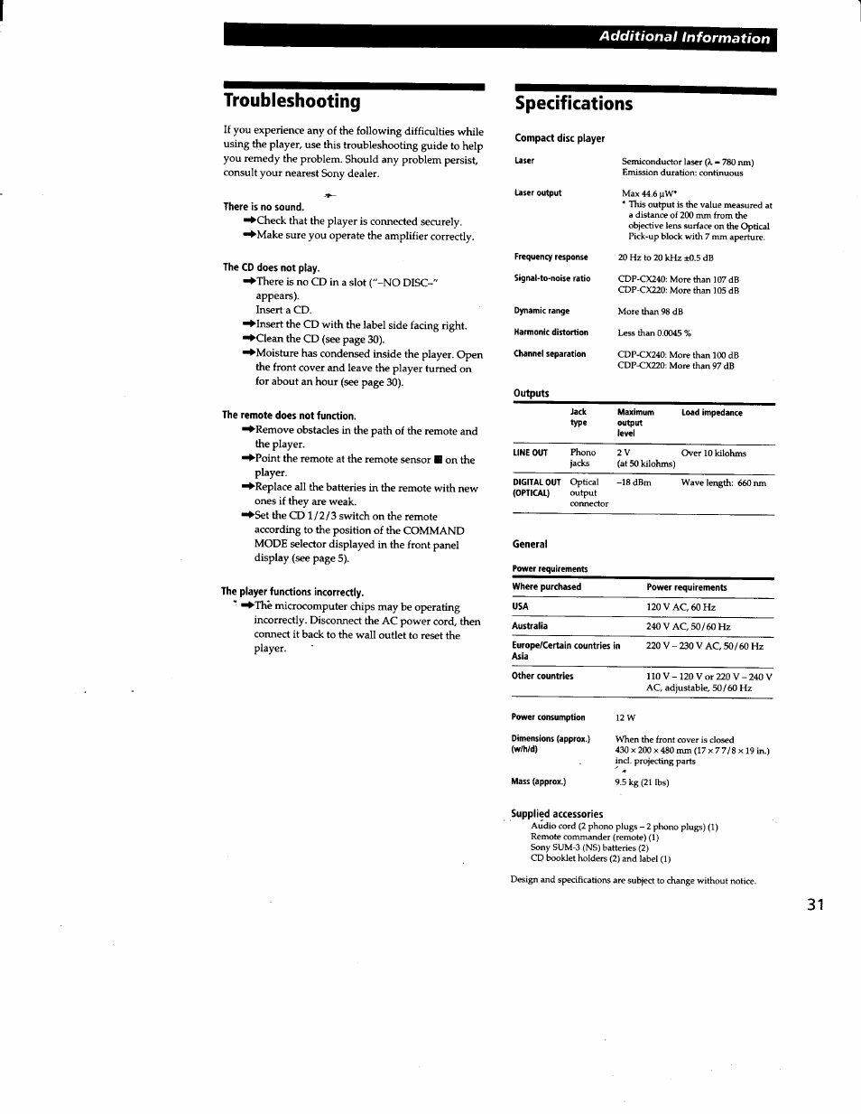 Troubleshooting, There is no sound, The cd does not play | The remote does not function, The player functions incorrectly, Specifications, Additional information | Sony CDP-CX240 User Manual | Page 31 / 32