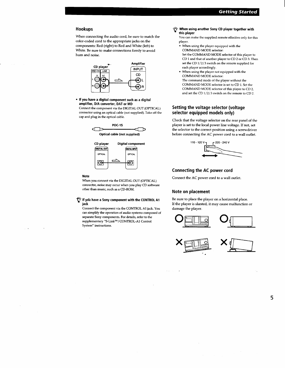 Hookups, Note, Y if you have a sony component with the control a1 | Connecting the ac power cord, Note on placement | Sony CDP-CX240 User Manual | Page 5 / 32