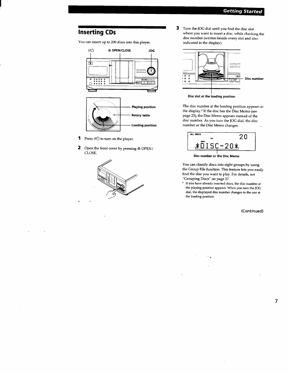 Inserting cds | Sony CDP-CX240 User Manual | Page 7 / 32