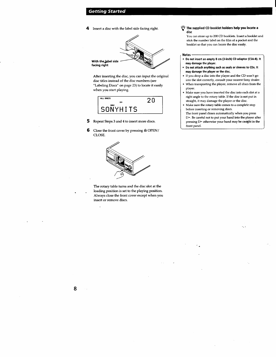 Notes, Getting started | Sony CDP-CX240 User Manual | Page 8 / 32
