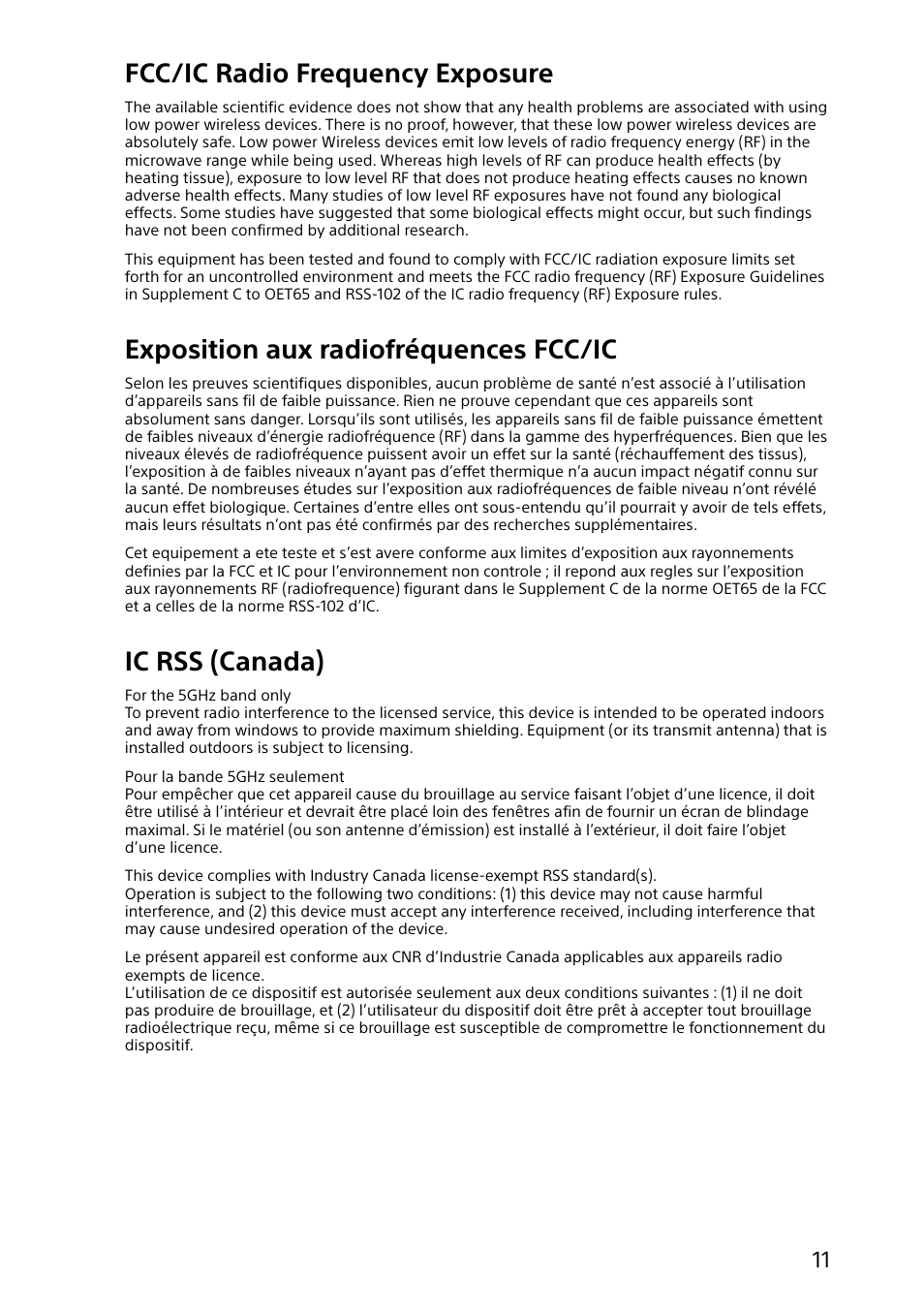 Fcc/ic radio frequency exposure, Exposition aux radiofréquences fcc/ic, Ic rss (canada) | Sony SVF14N13CXS User Manual | Page 11 / 28