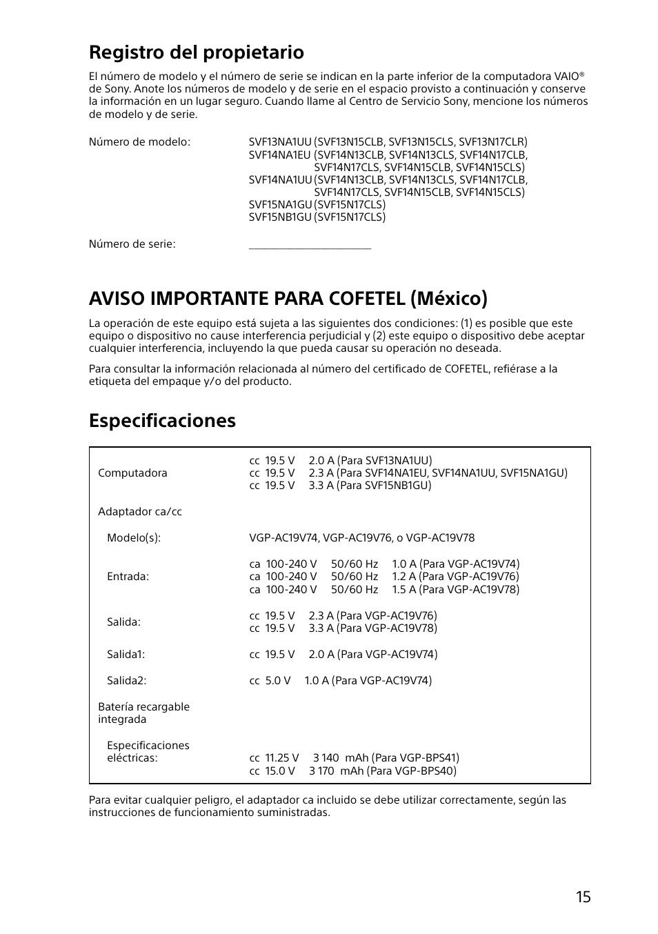 Registro del propietario, Aviso importante para cofetel (méxico), Especificaciones | Sony SVF14N13CXS User Manual | Page 15 / 28
