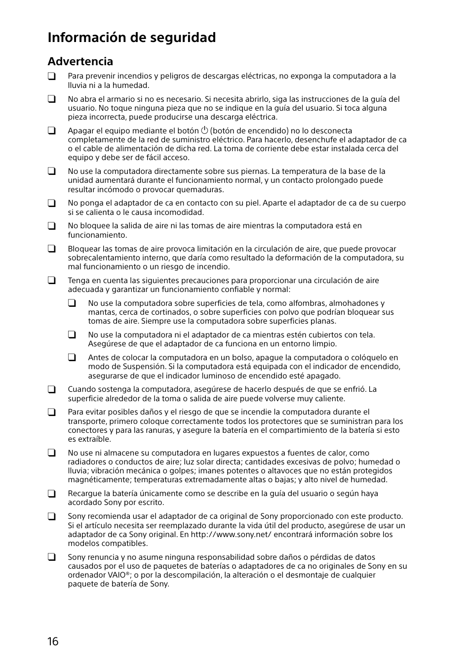 Información de seguridad, Advertencia | Sony SVF14N13CXS User Manual | Page 16 / 28