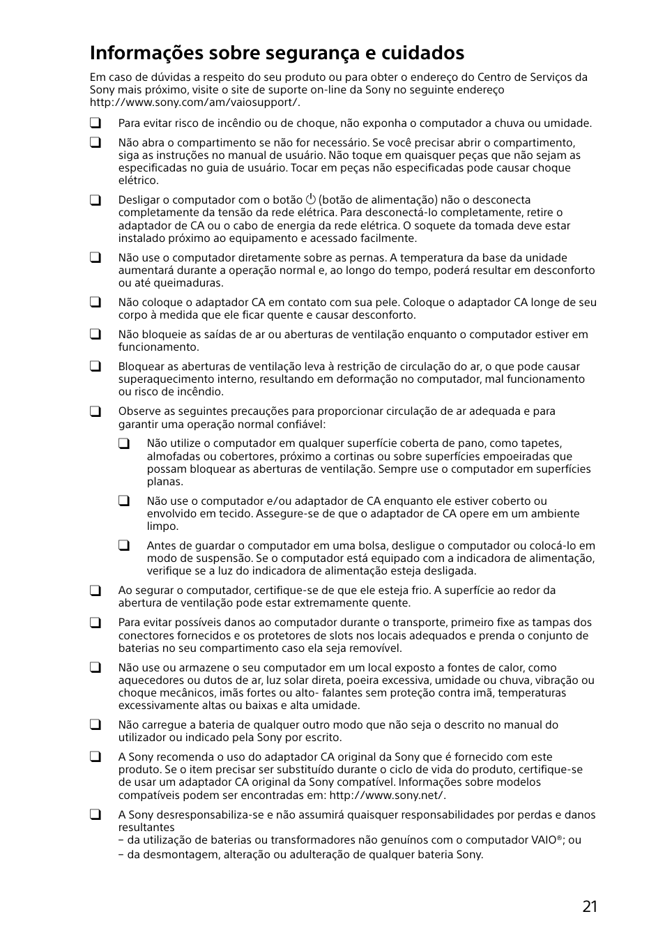 Informações sobre segurança e cuidados | Sony SVF14N13CXS User Manual | Page 21 / 28