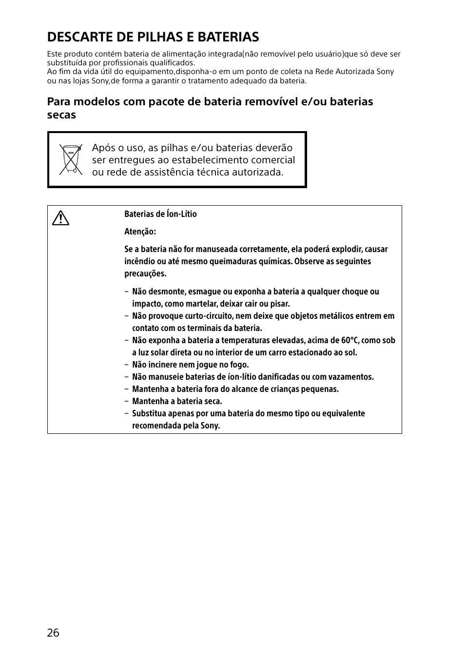Descarte de pilhas e baterias | Sony SVF14N13CXS User Manual | Page 26 / 28