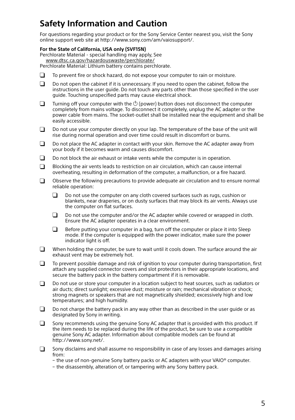 Safety information and caution | Sony SVF14N13CXS User Manual | Page 5 / 28
