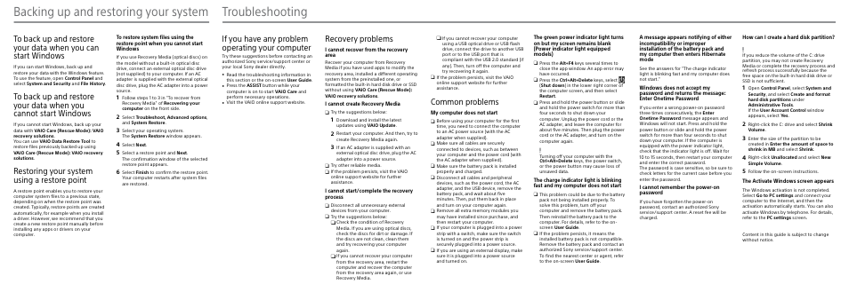 Backing up and restoring your system, Troubleshooting, Common problems | Restoring your system using a restore point, Recovery problems, If you have any problem operating your computer | Sony SVD1321BPXB User Manual | Page 2 / 2
