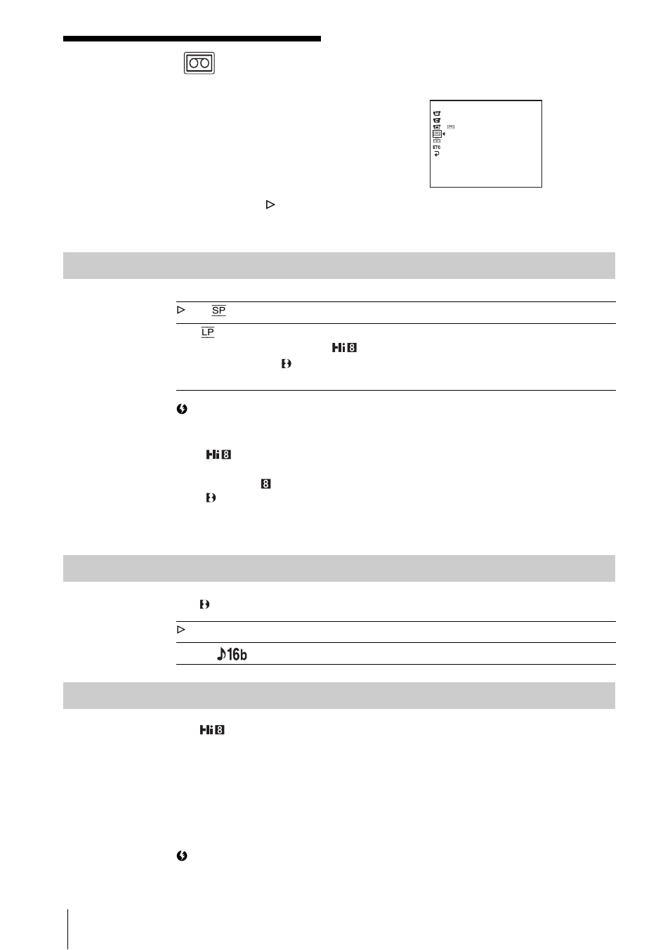 Using the, Tape set) menu, Frame rec/int.rec, etc | Et (p. 54), Using the (tape set) menu, Rec mode, Audio mode, Orc to set, Frame rec/ int.rec, etc | Sony CCD-TRV328 User Manual | Page 54 / 100