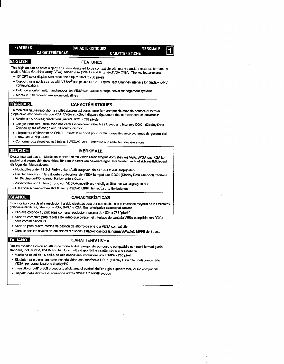 English, Features, Français | Caracteristiques, Merkmale, Spanol, Caracteristicas, Italiano, Caratteristiche, Caractéristiques | Sony CPD-15SX1 User Manual | Page 8 / 15