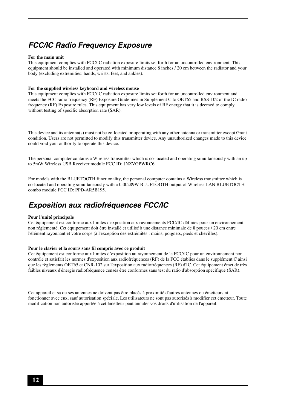 Fcc/ic radio frequency exposure, Exposition aux radiofréquences fcc/ic | Sony VPCL223FX User Manual | Page 12 / 32