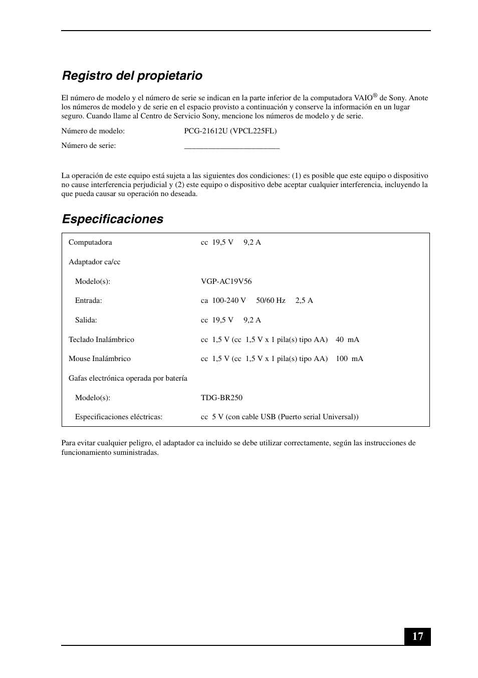 Registro del propietario, Especificaciones | Sony VPCL223FX User Manual | Page 17 / 32