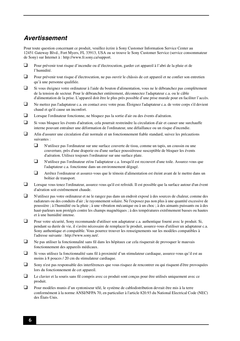 Avertissement | Sony VPCL223FX User Manual | Page 6 / 32