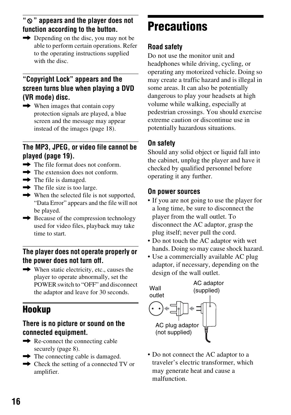 Precautions, Hookup | Sony DVP-FX780 User Manual | Page 16 / 24