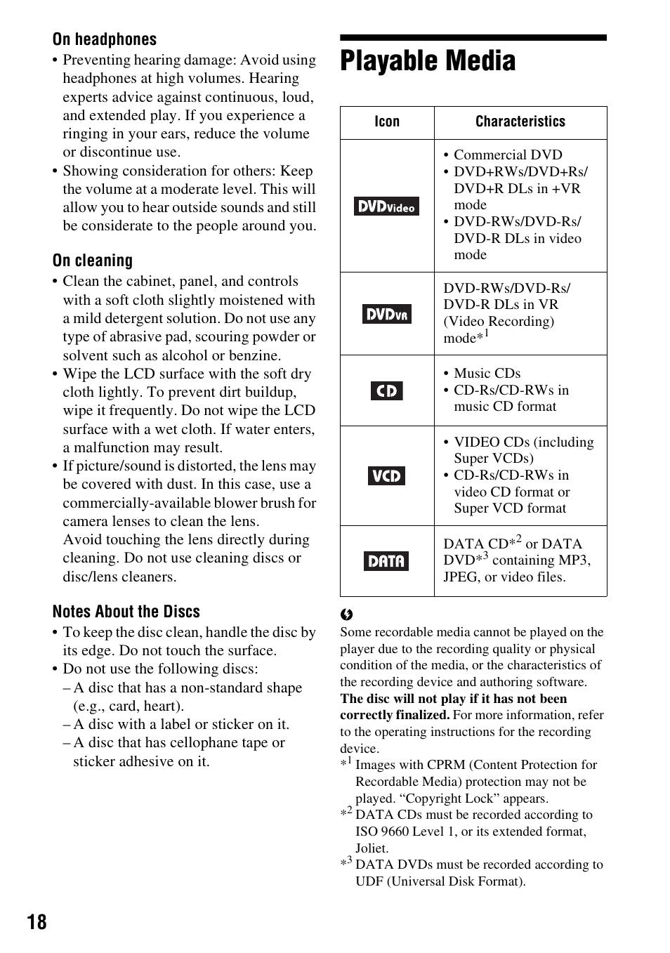 Playable media | Sony DVP-FX780 User Manual | Page 18 / 24