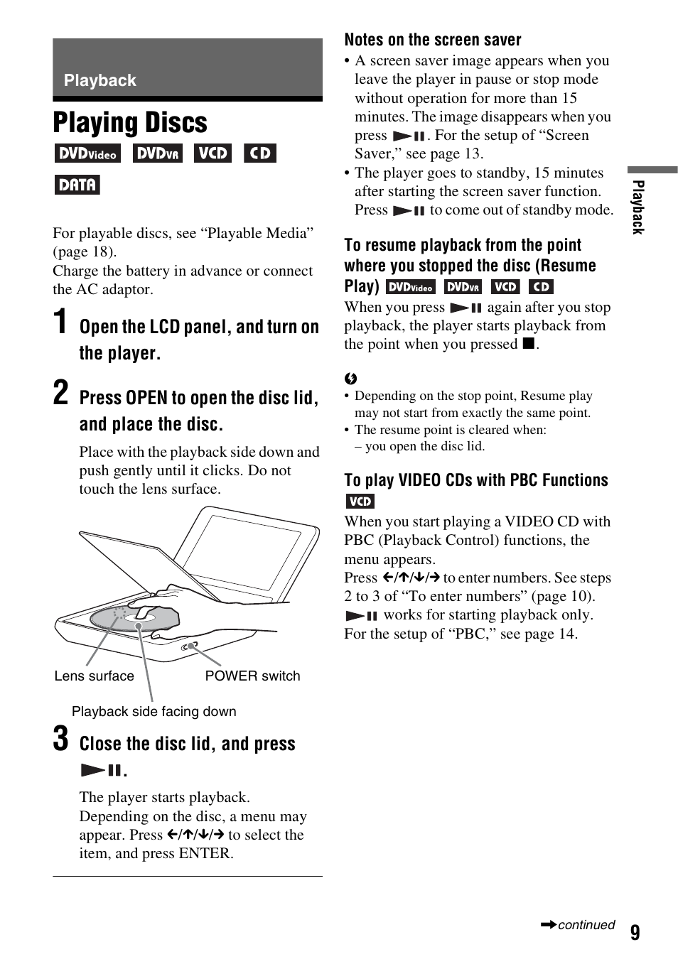 Playback, Playing discs | Sony DVP-FX780 User Manual | Page 9 / 24