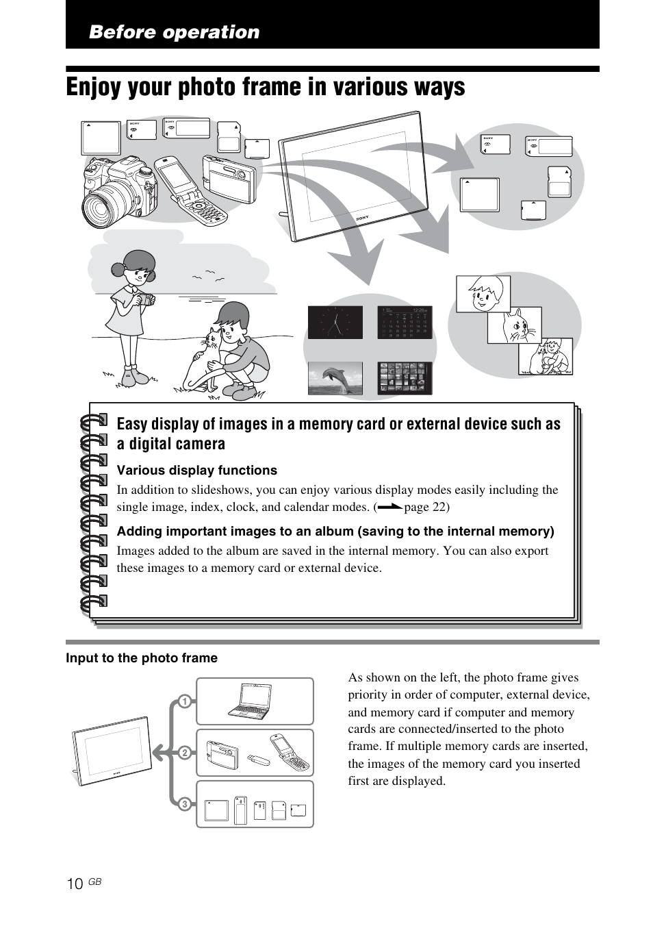 Before operation, Enjoy your photo frame in various ways | Sony DPF-V900 User Manual | Page 10 / 56
