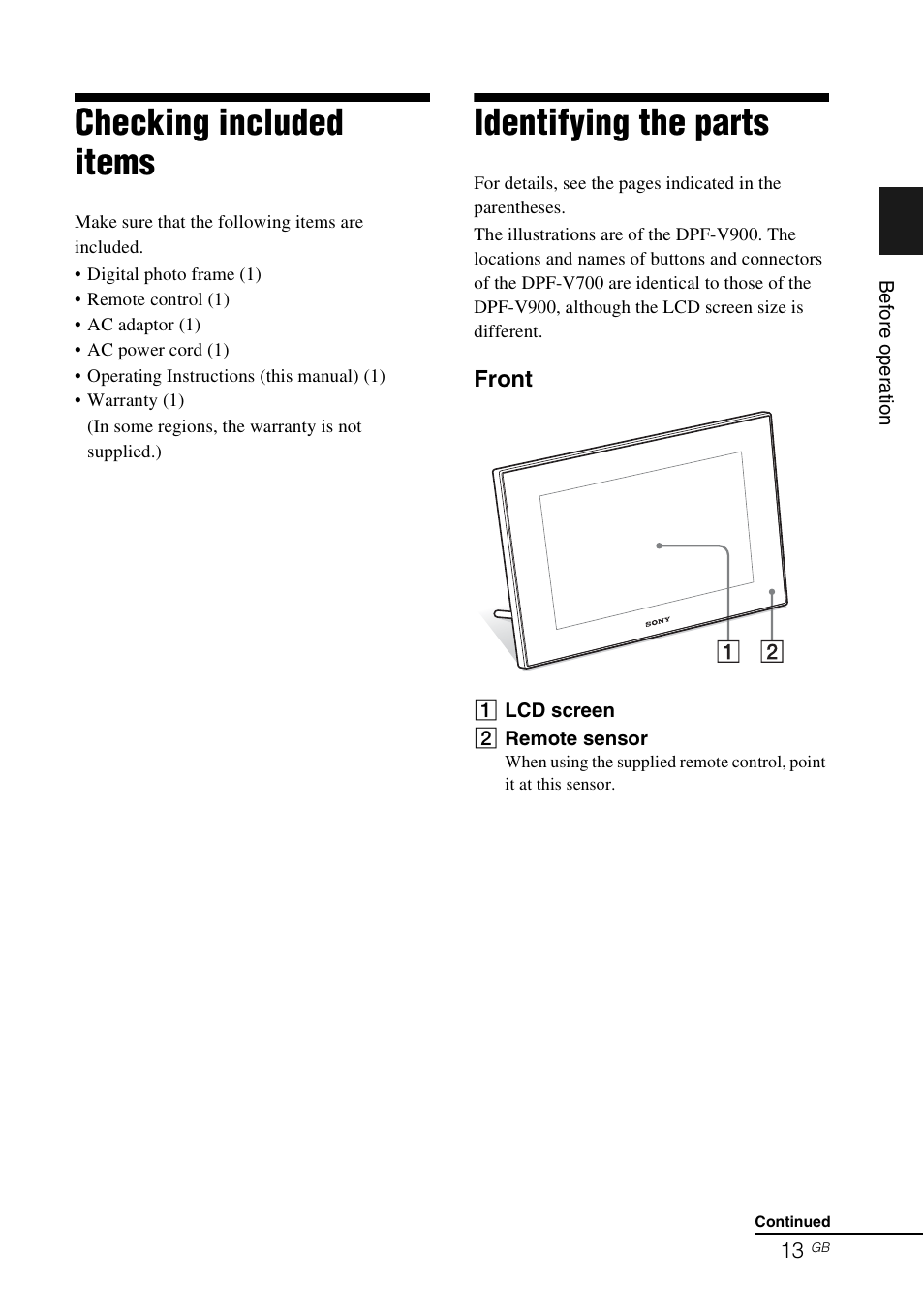 Checking included items, Identifying the parts | Sony DPF-V900 User Manual | Page 13 / 56