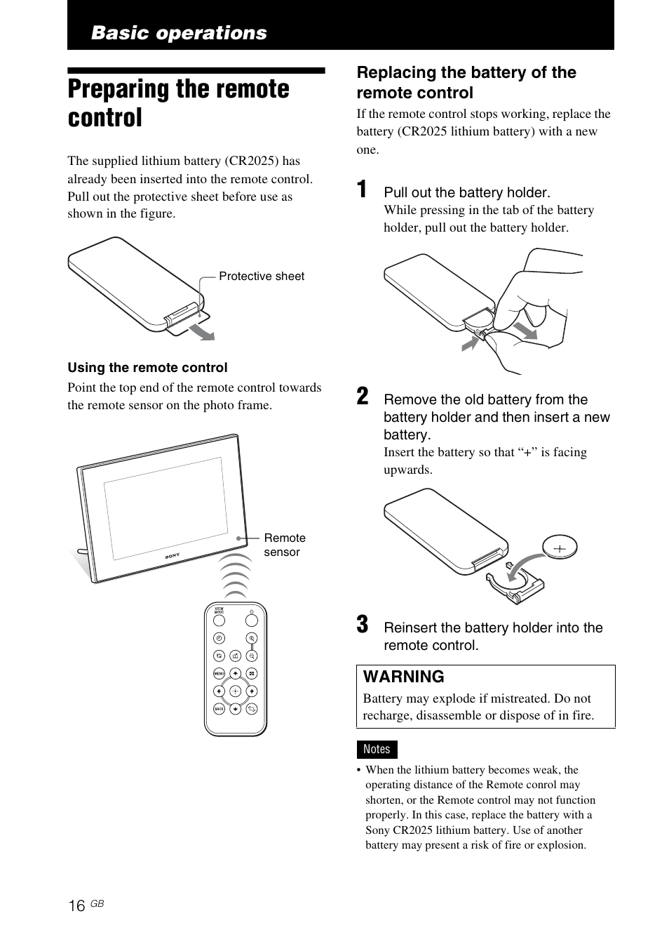Basic operations, Preparing the remote control | Sony DPF-V900 User Manual | Page 16 / 56
