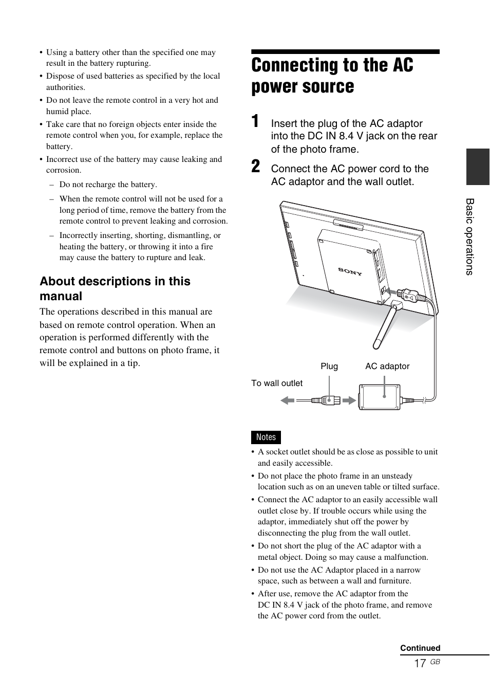Connecting to the ac power source, About descriptions in this manual | Sony DPF-V900 User Manual | Page 17 / 56